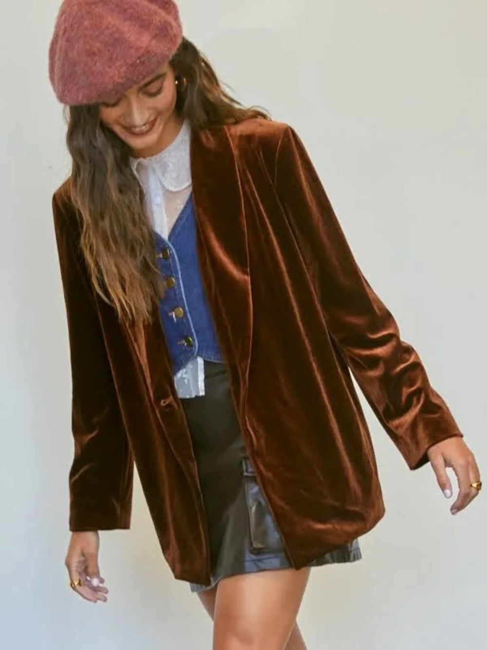Cider Velvet Open-Front Blazer in Deep Brown